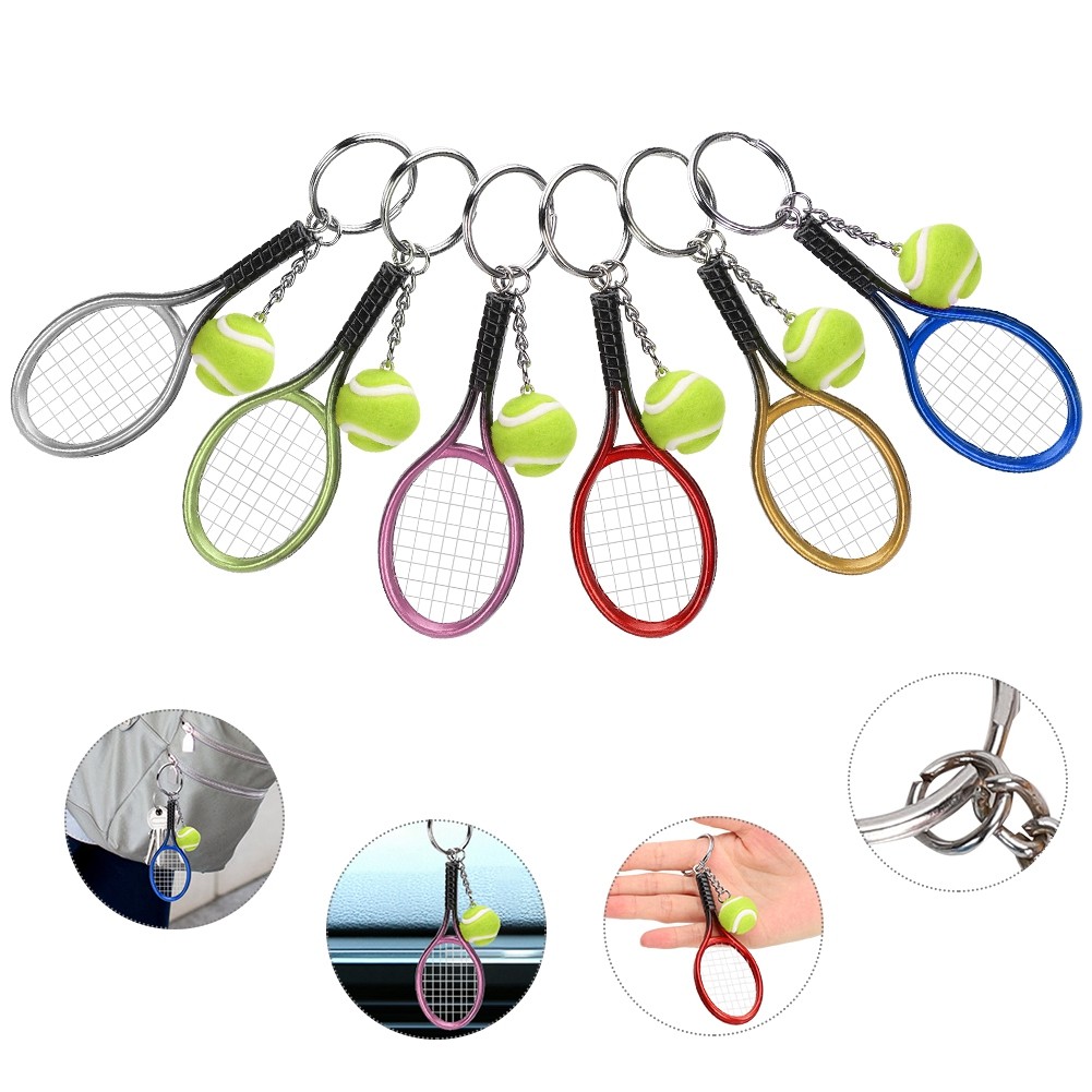 6Pcs Keychain Pendant Simulation Tennis And Racket Model Bag Hanging Decor Gift.