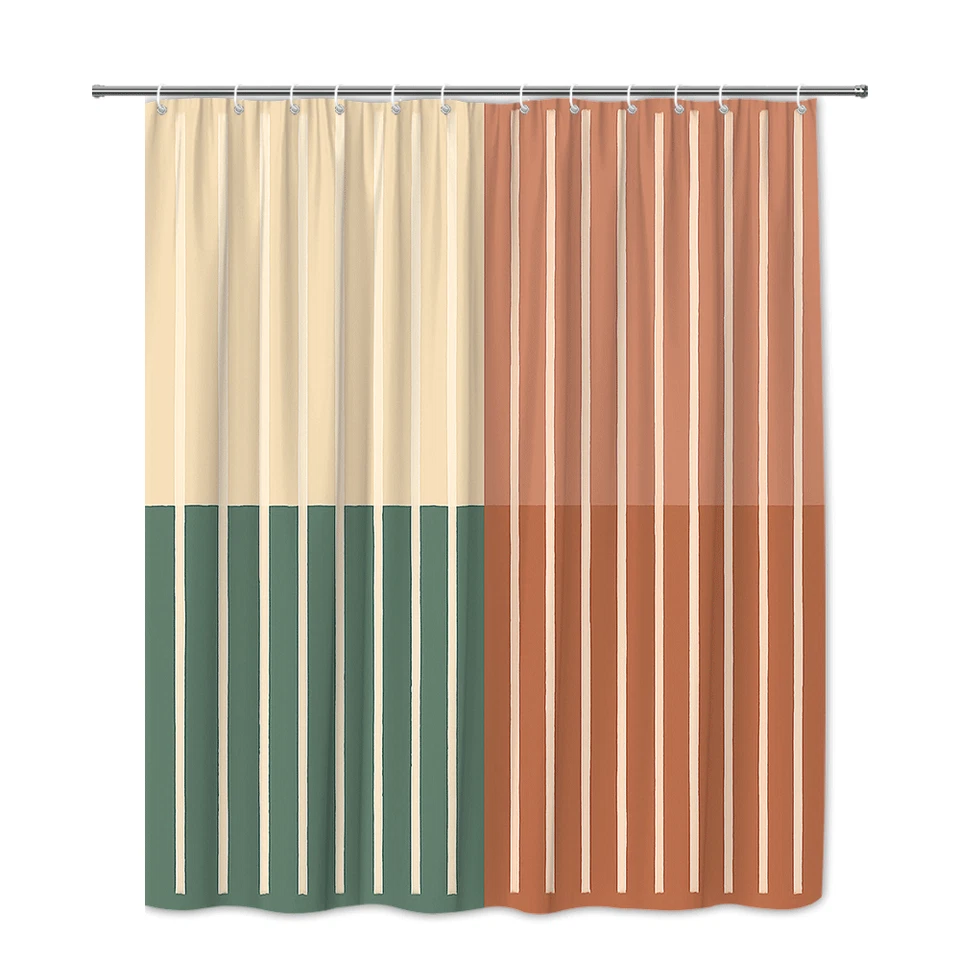 Cortina de ducha moderna a rayas en colores beige, verde y óxido Foto 2 de 4