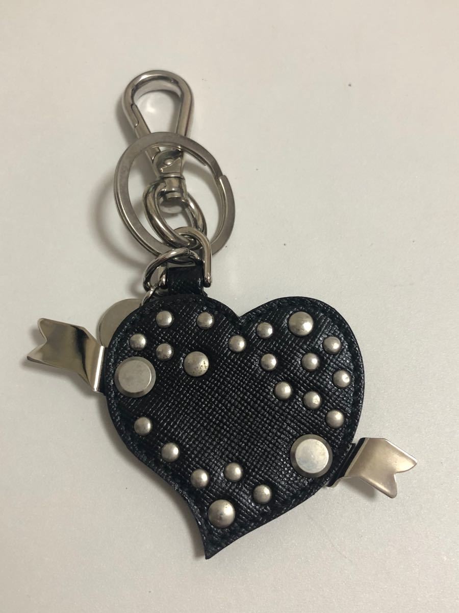 PRADA  Leather Black Heart Leather Bag Charm Key Holder Silver Studs Logo Plate thumbnail 3