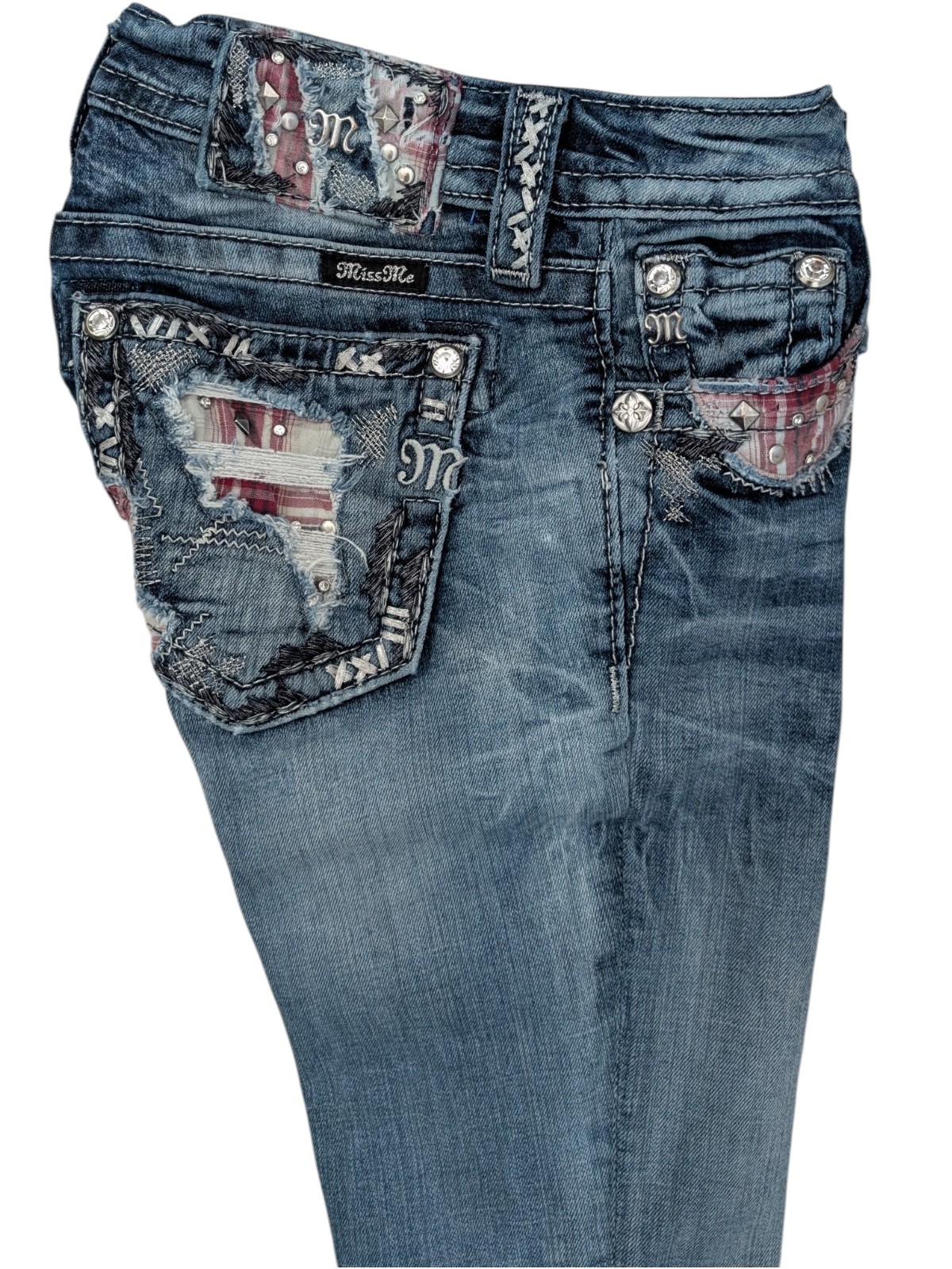 Miss Me Standard Boot Side Slit Embellished Jeans 25 Plaid Distressed Y2K Medium image 7