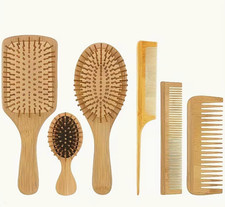 Bamboo Hair Brush  Comb Set Anti Static Wooden Scalp Massage Detangler