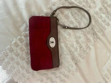#FOSSIL Key Per Quilted Brn/Red Top Zip Wristlet/Wallet