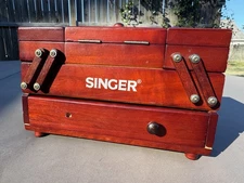 Vintage Singer Wood Sewing Box With Accordion Food Out Drawers & Lots Of Thread