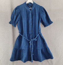 Gap Womens Dress NEW Size Large Petite Gauzy Blue Rope Belted Tiered Coastal