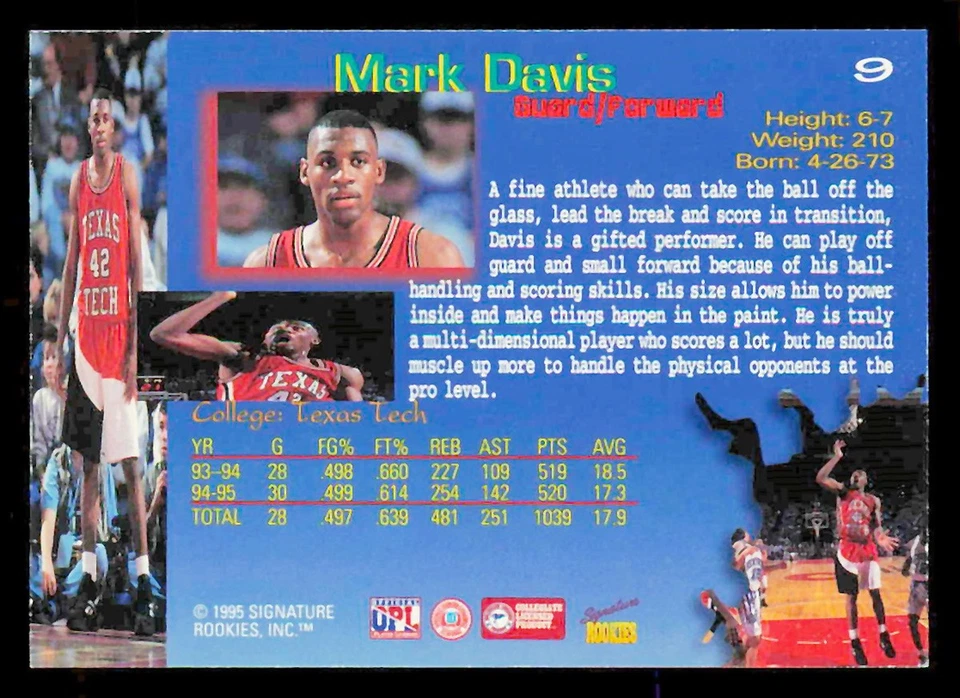Signature Rookies Draft Day 1995 #9 Mark Davis/7750 Auto Signatures Texas Tech Foto 2 de 2