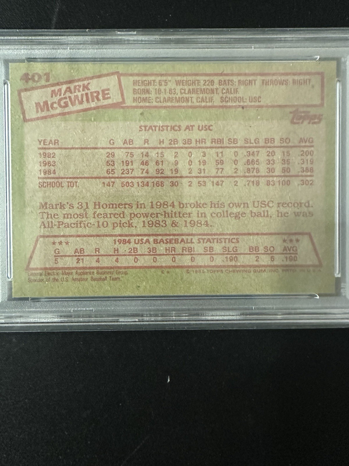 1985 Topps - Mark McGwire #401 (RC) view 3