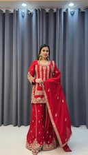 Stylish Look Blooming Faux Georgette Red Top Palazzo With Dupatta For Function