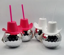4× Disco Ball Cowgirl Hat Tumbler 20 Oz 2 Hot Pink, 2 White Bachelorette Party