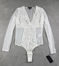 International Concepts Intimates Women's Lace Long Sleeve Bodysuit White M NWT