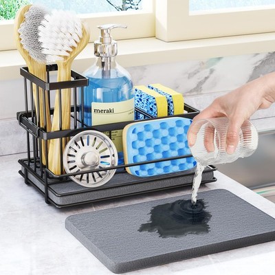 HapiRm Küchenspüle Caddy schwarz - selbstentleerender Schwammhalter mit L, 