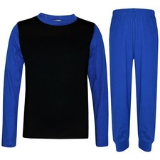 Kids Girls Boys Pjs Contrast Royal Blue Color Plain Stylish Pyjamas Set 2-13 Yrs
