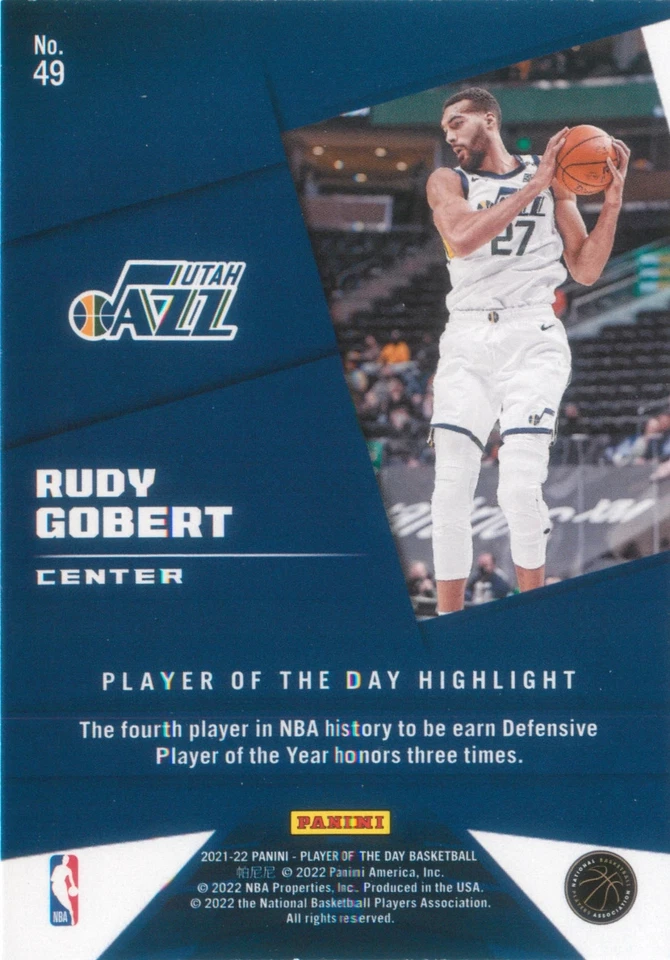 Rudy Gobert 2021-22 Panini Player of the Day Basketball Card #49 Utah Jazz NBA - Image 2 of 2