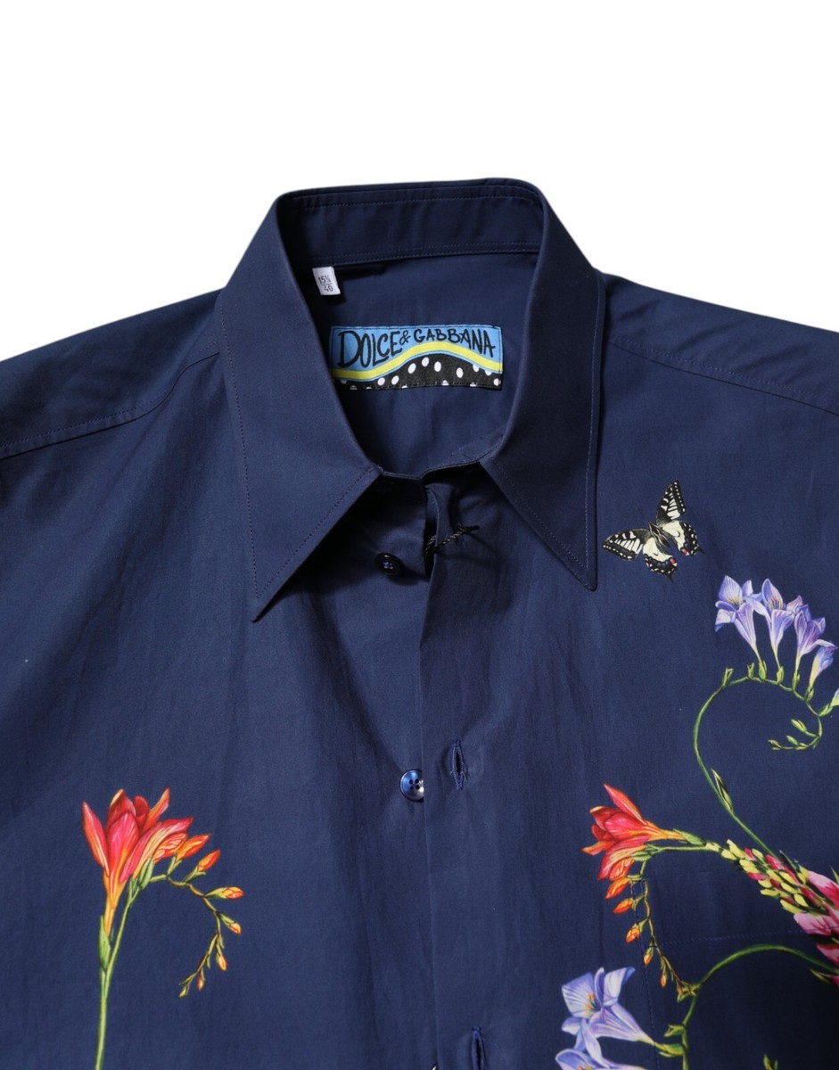 DOLCE & GABBANA Shirt Blue Rabbit Print Shirt Long Sleeve 40