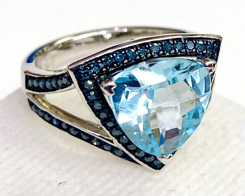HSN Colleen Lopez Sterling Silver Trilliant Blue Topaz & Diamond Ring Size 5