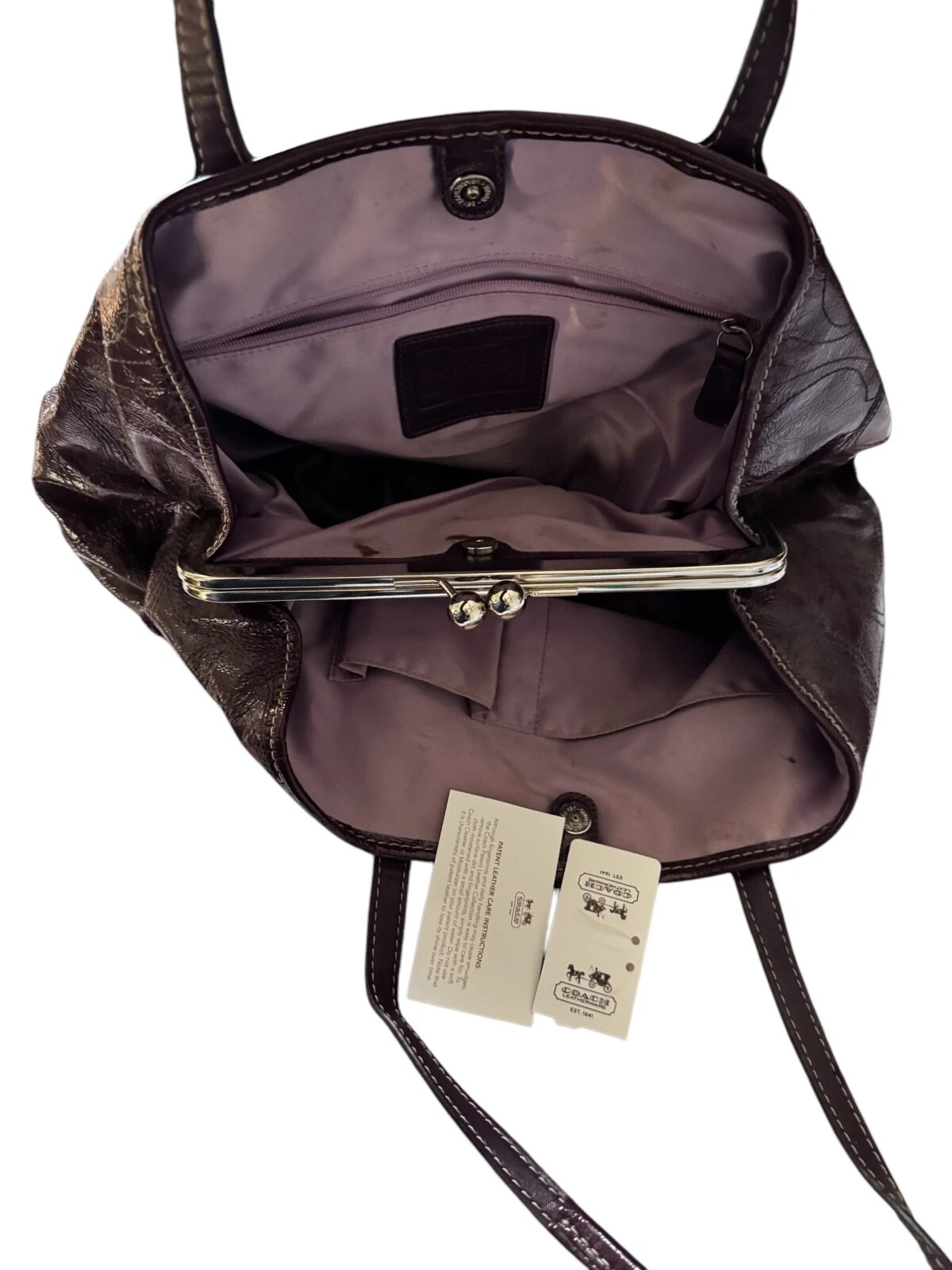 Borsa da trasporto Coach Plum F15658 firmata cucita in pelle verniciata