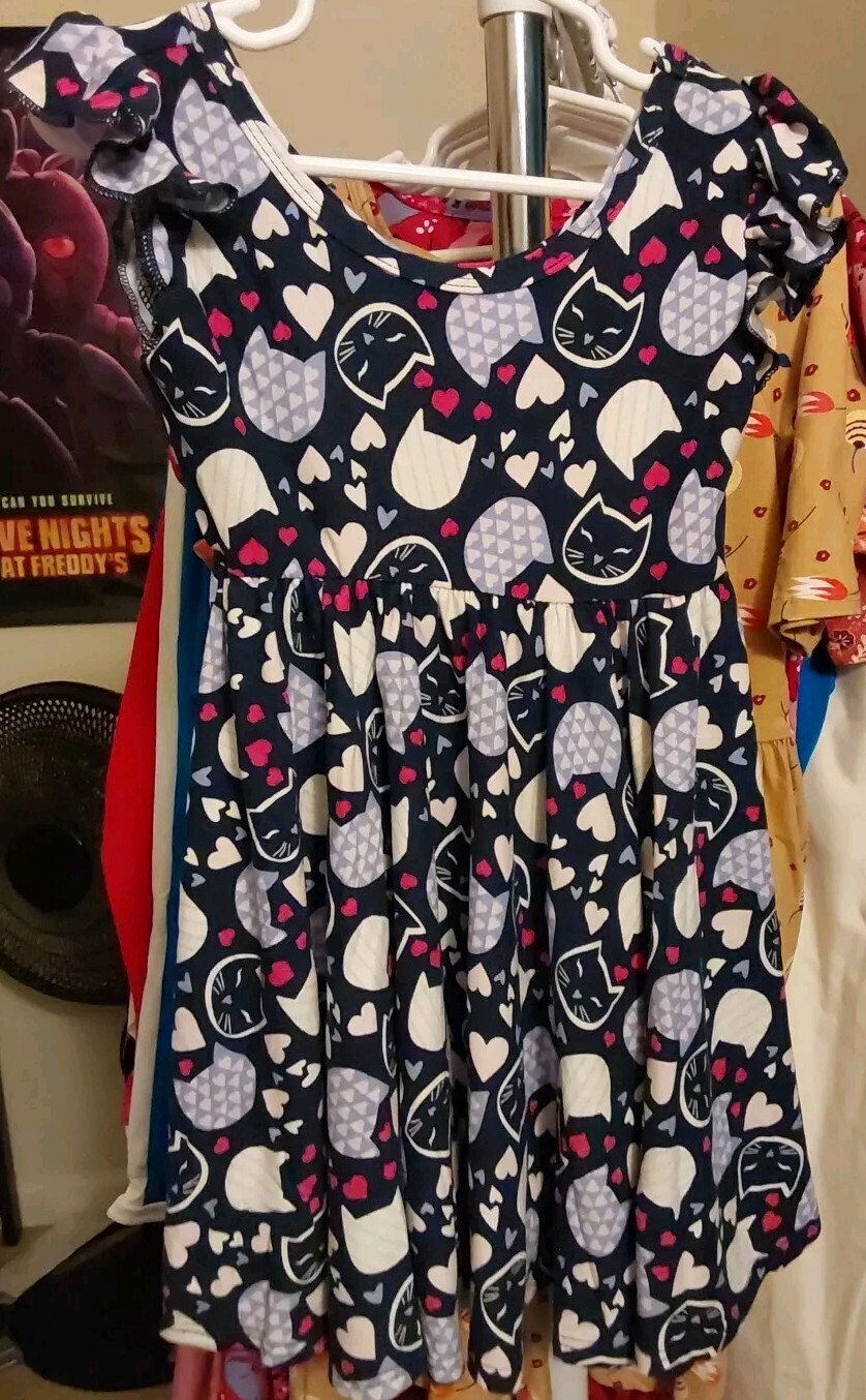 Dot Dot Smile 2T Cat Print Toddler Dress with Ruffle Cap Sleeves and Knee Length