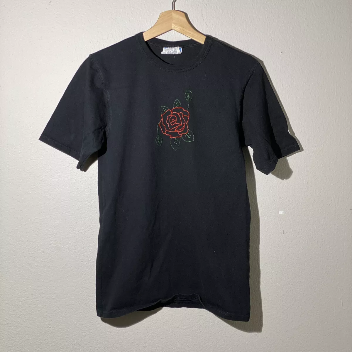 Broken Embroidered Rose Roses Mens T Shirt Size Small Black | eBay