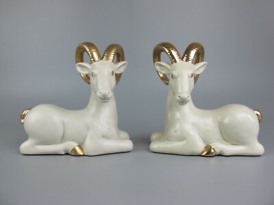 2 Fitz & Floyd Widder / Ziege Figuren. FF Japan. Weiß & Gold Porzellan. Vintage.