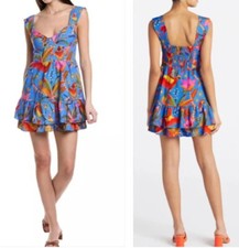 New Farm Rio Macaw Party Linen Blend Mini Dress  In Blue Size M
