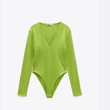 NWT ZARA V NECK LONG SLEEVE BLOGGERS FAV BODYSUIT GREEN MEDIUM