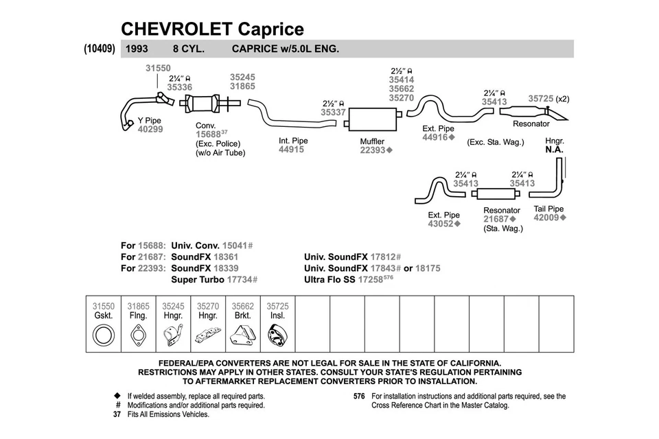 For Chevy Caprice 1990-1993 Walker 40299 Aluminized Steel Exhaust Y-Pipe Foto 2 de 4