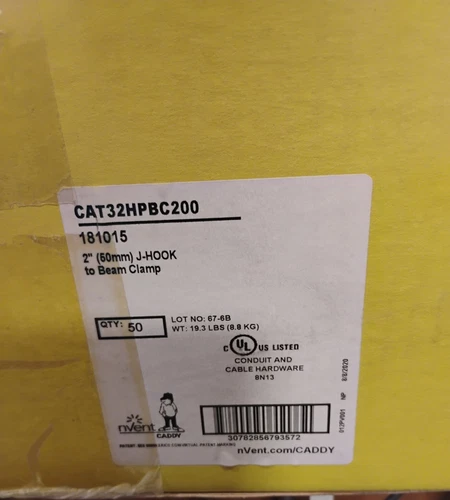 Box of 50, Nvent Caddy CAT32HPBC200 2" J-Hook to Beam Clamp - Fast Ship