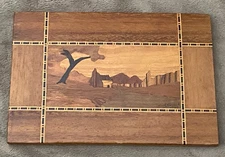 Vtg Wood Inlay Marquetry Picture 6.55" x  4.25" Farmhouse Tree Signed dated 1960