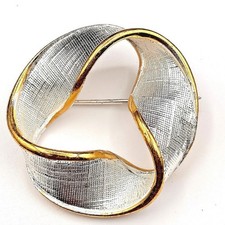 Napier VTG 80s Women's Brooch Gold Tone Silver Swirl Textured Round Pin Jewelry