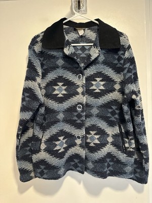 Vintage 90s David Paul Blue Gray Southwest Aztec Boxy Fleece Streetwear jacket