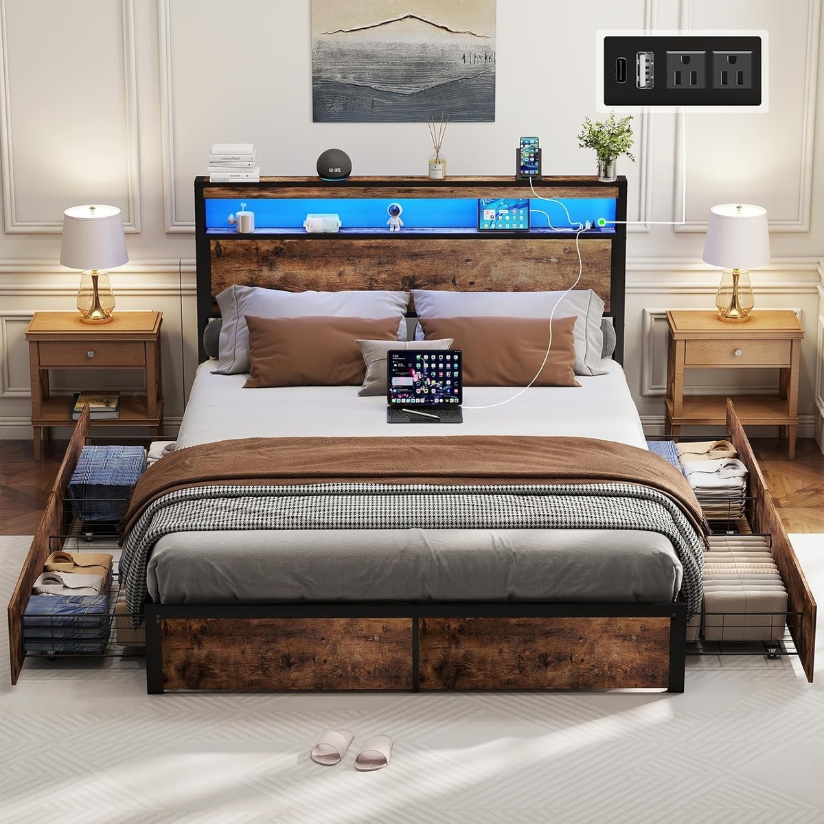 Queen LED Bed Frame With Storage Headboard, 4 Drawers, And Charging Station – Rustic Grey