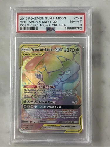 Pokémon TCG Venusaur & Snivy GX Cosmic Eclipse Rainbow Rare 249/236 PSA 8