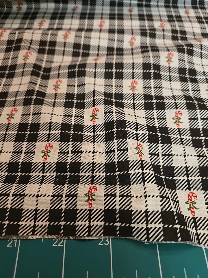 Fabric Traditions Christmas Candy Canes Black & White Plaid By The Half Yard Cut - Image 2 of 4
