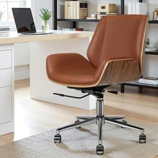 Mid-Back Office Chair Tan Real Leather Executive Office Desk Task Computer Chair