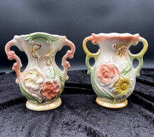 Pair - Vintage Brazil Lusterware Vases, #421 & #423, Raised Florals, Pastels