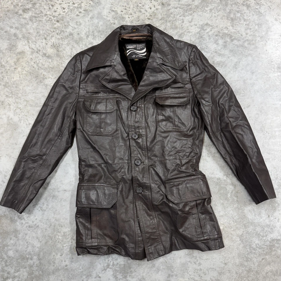 Chaqueta de campo de cuero Montgomery Ward vintage para hombre 38R marrón forrada de piel sintética años 90 Foto 2 de 4