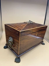 ANTIQUE 19TH CENTURY WOODEN SARCOPHAGUS WOODEN TEA CADDY ON lion FEET