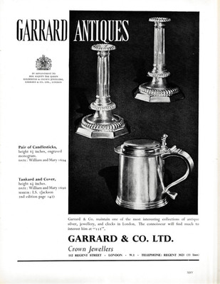 GARRARD & CO. William and Mary 1694 Candlesticks & 1690 Tankard 1961 ad 9 1/4x12