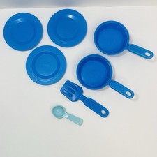 Vtg Fisher Price Fun With Food Blue Plates Spatula Spoon Skillet Pan Lot of 7