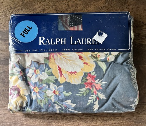 Vintage Ralph Lauren Kimberly Floral Blau Full Flat Sheet Made in USA Neu