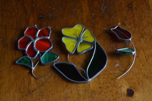 Lot of 3 Vintage Tiffany Stained Glass Flowers Suncatcher Portland CT