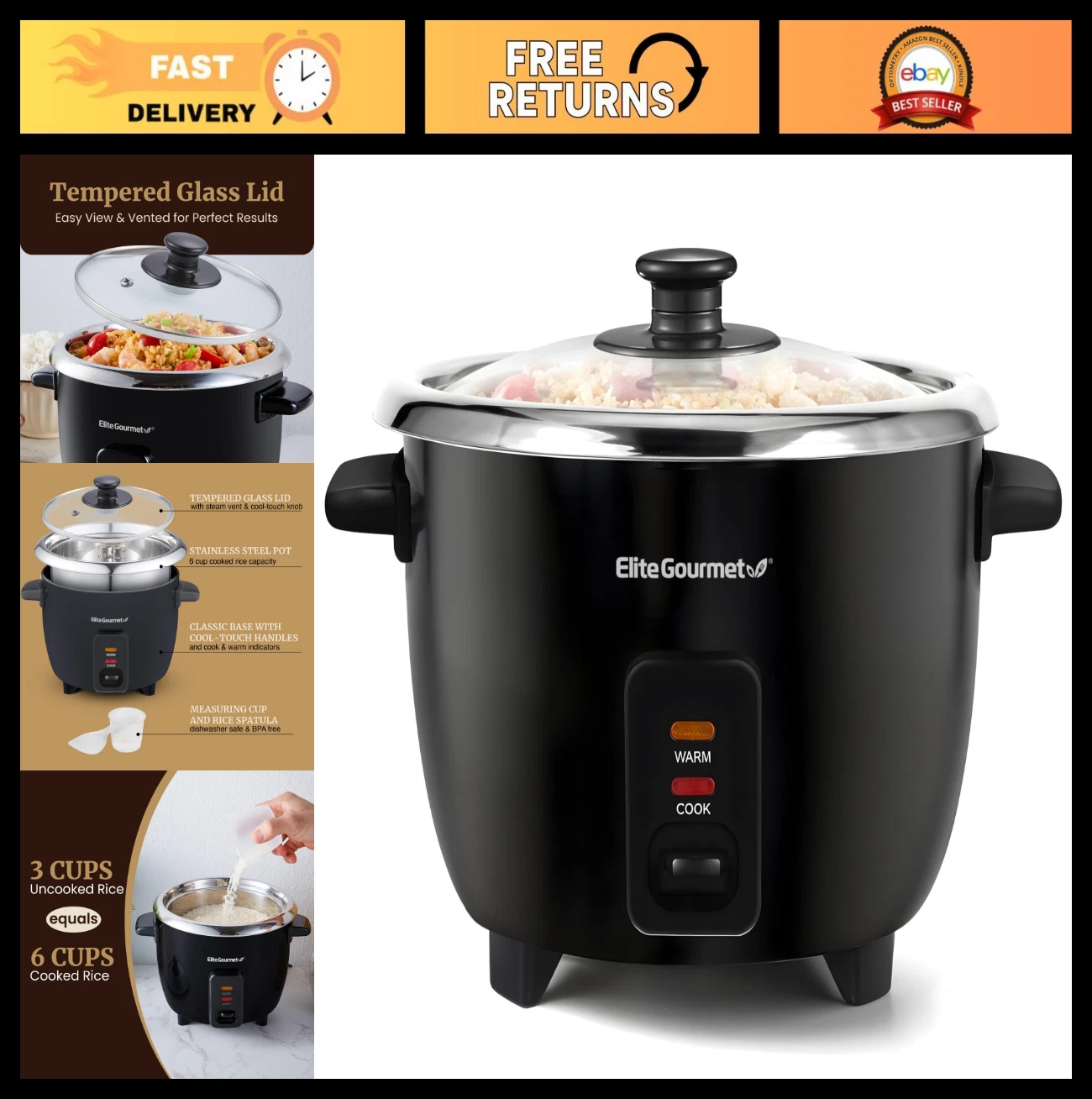 6-Cup Electric Rice Cooker with Stainless Steel Pot - Makes Soups, Stews & Grain