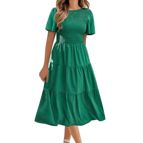 Women Summer Flutter Short Sleeve V Neck Smocked Elastic Waist Casual Midi Dress - Bild 6 von 33