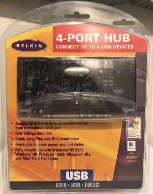 Belkin 4-Port Hub, 4 USB Devices From Computer Port - Fast 12Mbps Light Up New *