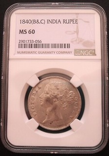Rupia India 1840 NGC MS 60 bonita moneda de plata #1764 #55 10