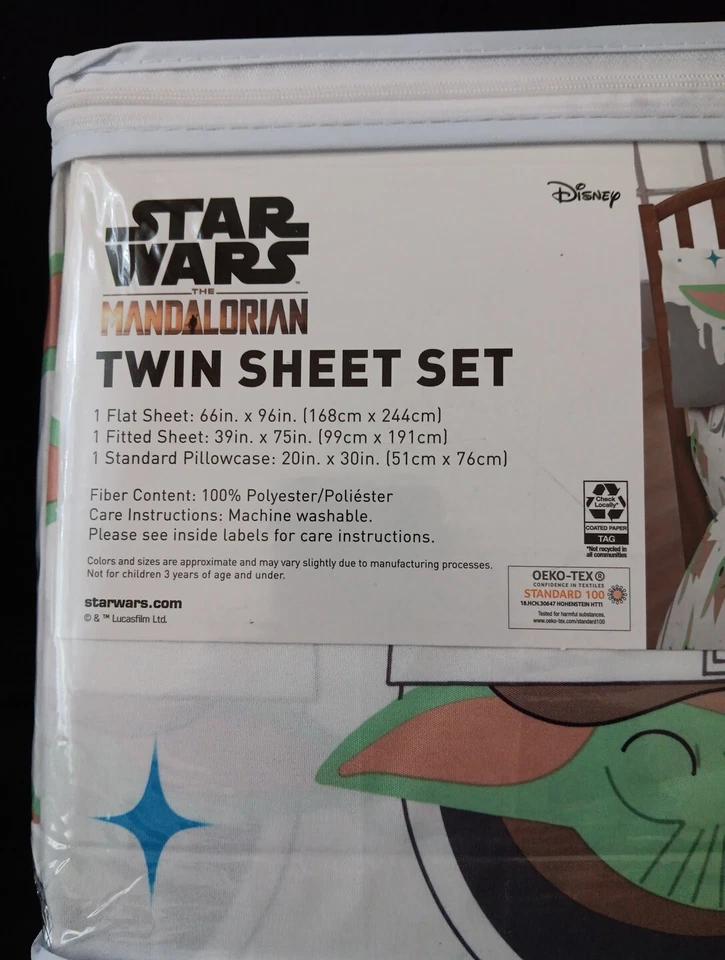 Juego de sábanas y funda de almohada para niños Disney Star Wars The Mandalorian The Child - Nuevo con etiquetas Foto 3 de 4