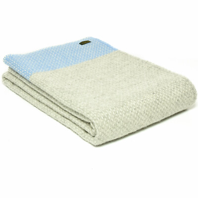 TWEEDMILL 100% Reine Schurwolle Decke Teppich KREUZGEWEBE GRAU CREME & MEERBLAU ÜBERWURF