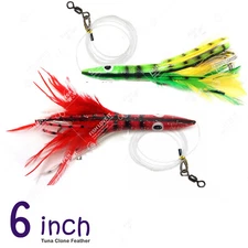 2pcs 6" Fish WOW!® Tuna Clone Feather Head Rigged 3oz Trolling lure Red Green