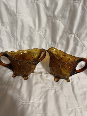 Vintage Amber Glass Pear And Leaves Sugar And Creamer Glows