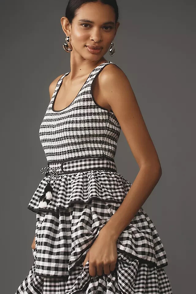 Hunter Bell Andrea Tiered Midi Dress Anthropologie  B&W Plaid Checkered  8 NEW