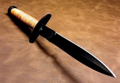 Double-Edged V42 Military Stacked Leather Stiletto Dagger Knife with Sheath